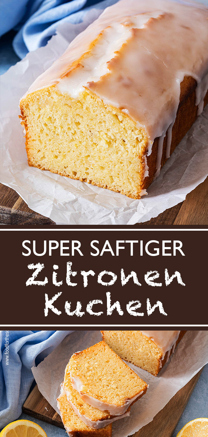 Saftiger Zitronenkuchen gebacken mit Joghurt und Öl auf einem Servierbrett